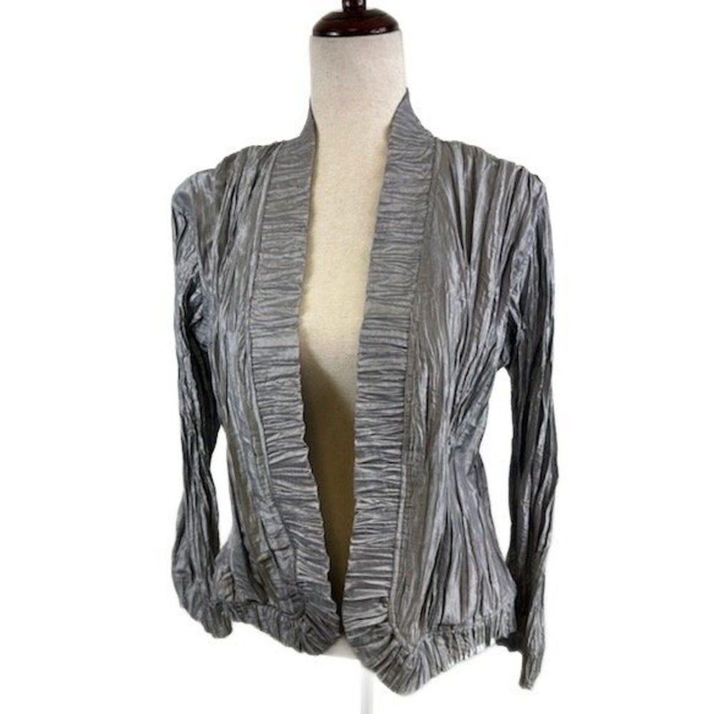 Chico's Textured Blazer Women's Size Medium Cyber Grey Ruffle